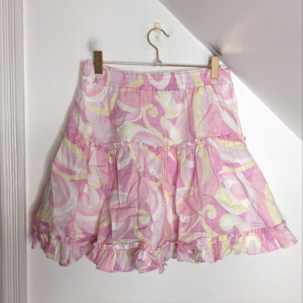 HILL HOUSE The Linen Ruffle Paz Skirt Pink Candy Kaleidoscope NEW Size L